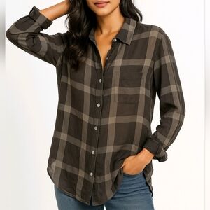 Eliot Blouse 100% Silk Gray Plaid Long Roll Tab Sleeves Button Up Size M